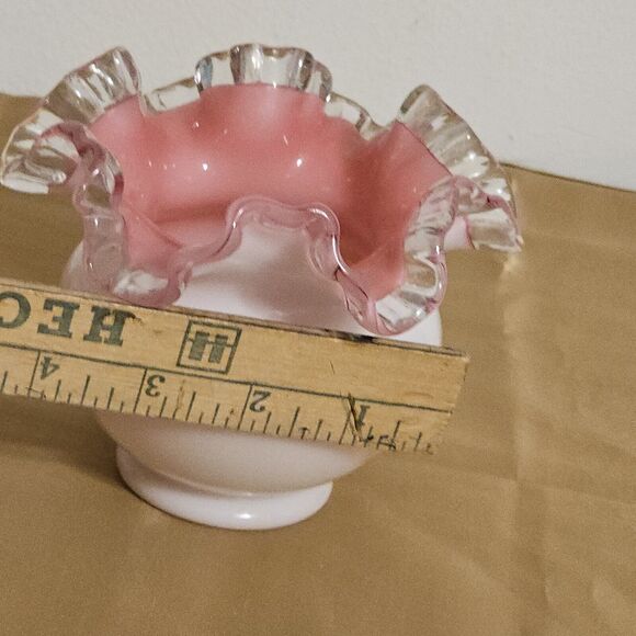 Vintage FENTON Cased Milk Glass Silver Crest White Rose Bowl Pink Ruffled - Picture 10 of 10